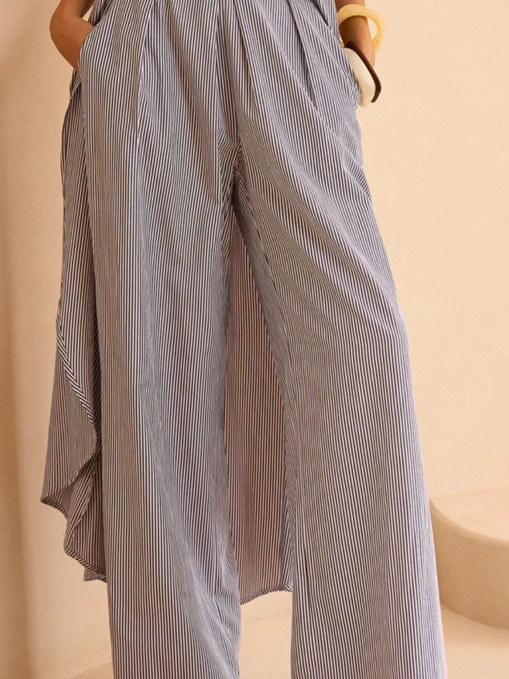 Commense Blue & White Pinstripe Wide-Leg Jumpsuit Set - Picture 4 of 5